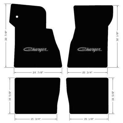 NEW! BLACK FLOOR MATS 1968-1970 Dodge Charger Script Embroidered Logo Silver 4pc - Image 1 of 4