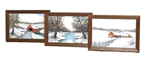 Small Oil Acrylic Paintings Country Winter Landscape Wood Frames Set 3 - Picture 1 of 9