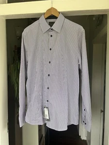 New H&M Mens Button Up Shirt Purple Striped Collared Size L Premium Cotton - Picture 1 of 8