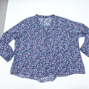 a.n.a. A New Approach Blouse Women's 3X Blue Abstract Henley Long Sleeve Preppy - Picture 1 of 6
