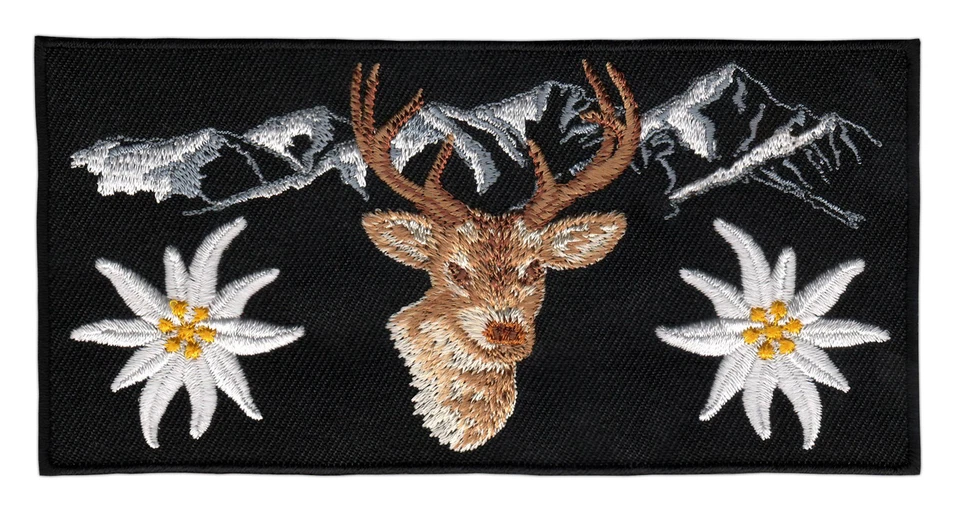 ap55★Alpen Edelweiß Hirsch Aufnäher Schwarz Tracht Bügelbild Patch 13 x 6,5 cm - Bild 1 von 1