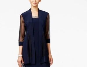New $198 R&M Richards Women'S Blue Illusion 3/4 Sleeve Open Front Jacket Size 6 - Picture 1 of 1