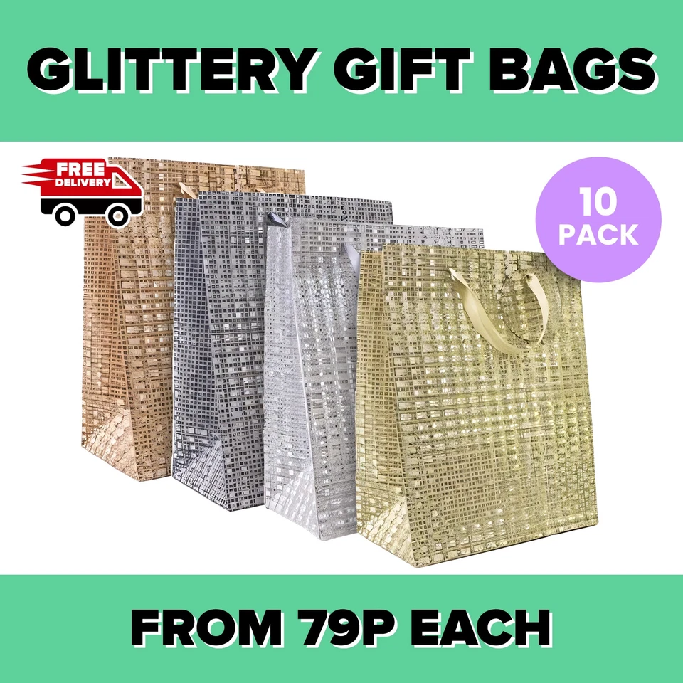 Glitter Gift Bags – Sparkly Paper Bags with Handles – Multicolours - Pack of 10 - Image 1 of 1