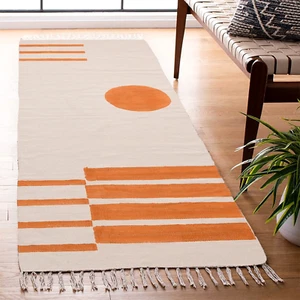 Tappeto zona cotone arancione, accento boho moderno cotone dhurrie tappeto fatto a mano, tappetino porta - Foto 1 di 9