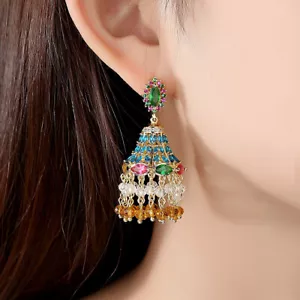 Vintage Hollow out Luxury White Zircon Gold Plated Women's Earrings - Picture 1 of 5