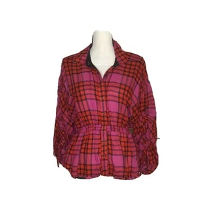 Nueva camisa a cuadros Free People Pacific Dawn, mezcla de lana, dobladillo suelto, rojo pequeño - Imagen 1 de 6