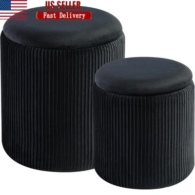 Round Velvet Ottoman Set W/ Storage Multifunctional Footrest Vanity Stool New - Image 1 of 4