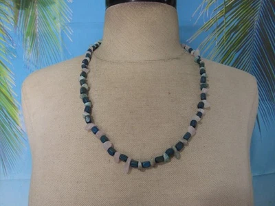 Necklace with Blue Wood Beads and Blue & Pink Stone Chips - Image 1 of 4