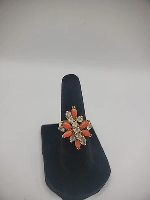 Anillo Vintage Seta Talla 5 Cristales Piedras Naranja Tono Dorado Joyería Disfraz Foto 1 de 4