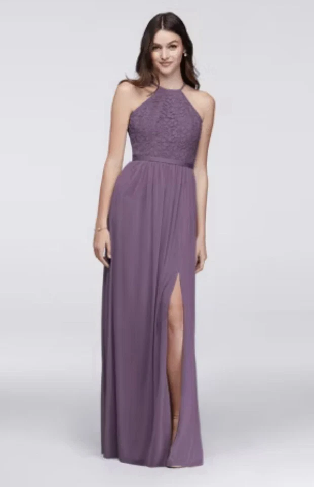 Set of 3 David’s bridal bridesmaids long lace top dresses Wisteria Slit Read - Image 1 of 4