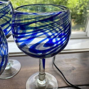 Mexican Hand Blown Sangria/Wine Glasses/Goblets With Cobalt/Teal Swirl (4) - Picture 1 of 9