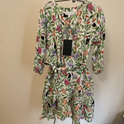 BNWT Witchery Jungle Bird Linen tropical summer wrap Dress size 6 - image 1 of 4