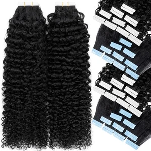 Invisible Tape In 100% Remy Human Hair Extensions Thick Skin Weft Kinky Straight - Picture 1 of 33