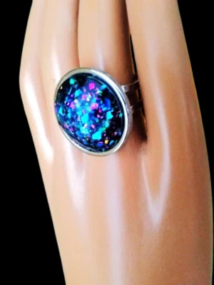 Opal Ring - Blue Fire Resin Opal Faceted Ring - 20mm Stone; Stainless-Steel Band - Image 1 of 2