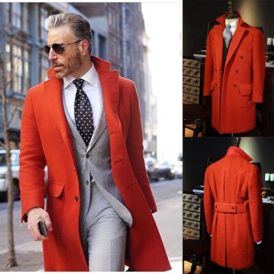 Abrigo largo de mezcla de lana rojo de doble botonadura traje chaqueta abrigo de tweed cálido para hombre  Foto 1 de 4
