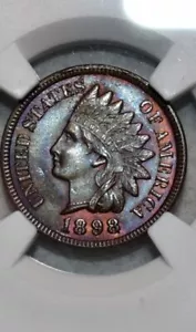 1898 Indian Head Cent NGC MS-64 BN BEAUTIFUL NATURL COLOR TONE PURPLE RED *READ* - Picture 1 of 4