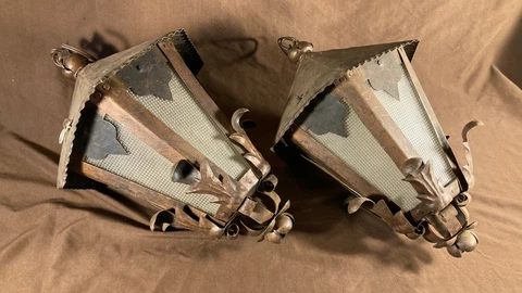 Pair Vintage Arts & Crafts Mission Spanish Hammered Hanging Porch Light Fixture Cover