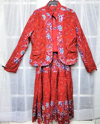 Phool Floral Escoba Maxi Falda Conjunto Chaqueta Talla XL Lentejuelas Cuentas Boho Hippie Foto 1 de 4