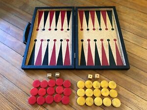 vtg Bakelite BACKGAMMON Set ~ Red and Butterscotch Checkers ~ Cork Board game