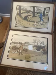 Paar Kaninchenjagd & Fliegenfischen Wasserfarbe Lithographie Drucke von Harry Eliott. - Bild 1 von 5