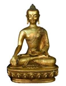 Antique Old Tibetan Bronze Gilt Shakyamuni Amitabha Buddha Tathagata Bowl Statue - Picture 1 of 5