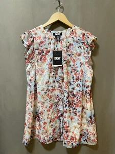 NWT DKNY Women Flutter Sleeve Ruffle Chiffon Blouse SZ L White Blue Red Abstract - Picture 1 of 14