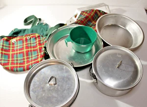 Vintage Girl Scout Metal Mess Kit Plaid Bag Camping Pots Plates Cup - Picture 1 of 13