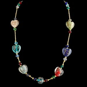 Murano Glass Necklace Multi Coloured Gold Heart Beads Venice 50cm - Picture 1 of 5