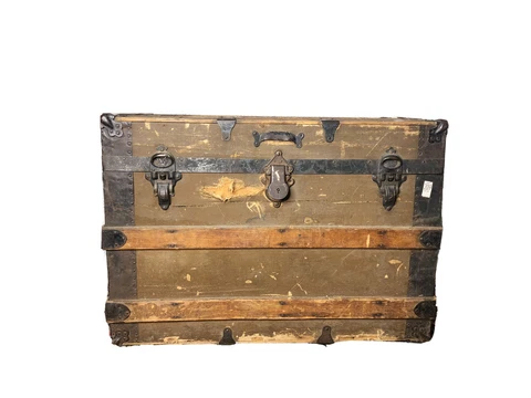 Antique Wood Steamer Trunk Eagle Lock Co. Chest Trunk Vintage W/ Original Wheels Cover