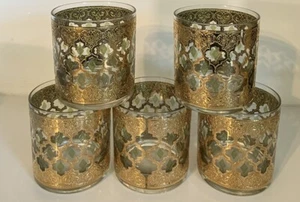 Vtg MCM Culver VALENCIA 22k Lowball 10oz ROCKS Barware Glasses Set 5 Gold/Green - Picture 1 of 11