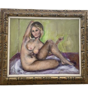 Vintage Oil Painting On Canvas Of Beautiful Nude Woman Vtg Ornate Frame 32X38 - Picture 1 of 22