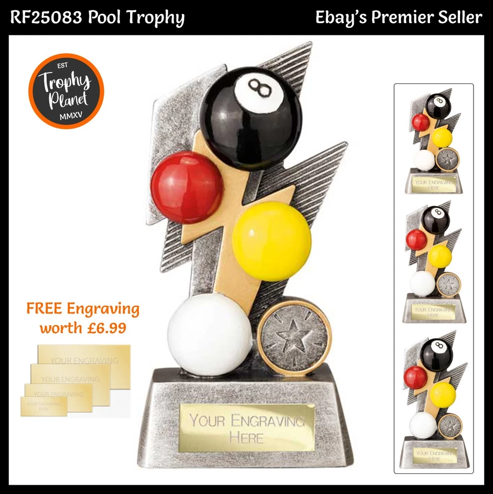 TROPHY PLANET POOL TROPHY - Strike Bolt Award / Pokale, 3 Größen, GRATIS Gravur im Wert von 6,99