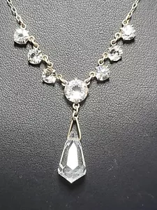 Art Deco Sterling Silver And Bezel Mounted, Drop Crystal Lavaliere Necklace - Picture 1 of 13