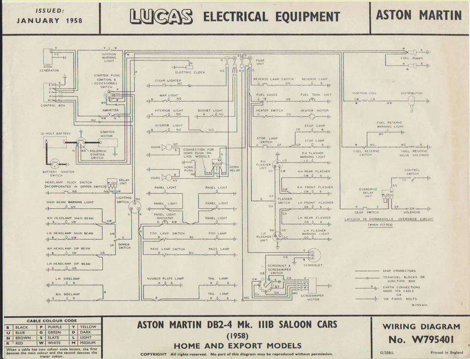 Diagrama de cableado original de Lucas para el Aston Martin DB 1958 2-4 Mk IIIB berlina Foto 1 de 1