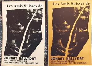 LOT DE 2 AUTOCOLLANTS 9X6 LES AMIS SUISSES DE JOHNNY HALLYDAY BLANC + DORÉ 1987 - Imagen 1 de 2