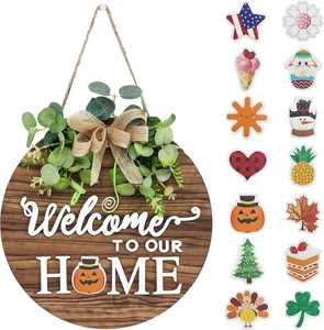 Interchangeable Seasonal Welcome Sign Front Door Decoration, Rustic Round Wood W - Picture 1 of 7