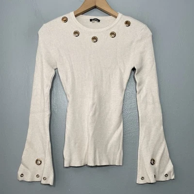 Suéter Tejido Acanalado Beige Talla Pequeña Y2K Manga Acampanada Dorado Ojal Rave Indie Foto 1 de 4