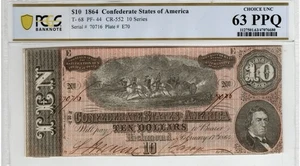 PCGS 63. T-68 $10 1864 Confederate States Civil War Obsolete Banknote Currency - Picture 1 of 5