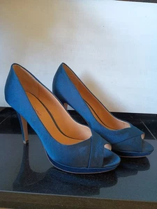 Roland Cartier Navy-Satin Peep-toe Platform Heels, UK Size 5,Excellent Condition - Picture 1 of 10