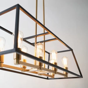 ARTIKA CARTER LONG 8-Light Black & Gold Modern Industrial Cage Chandelier Light - Picture 1 of 19