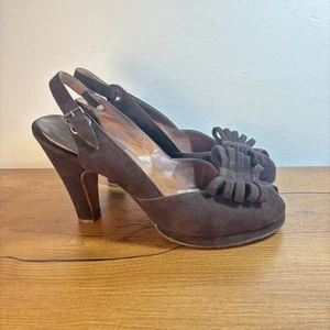VTG 1940's 40's Pandora Footwear Brown Suede Peeptoe Sling Back Size 7 M Bow - Picture 1 of 16
