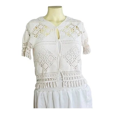 Cárdigan tejido abierto hecho a mano vintage para mujer talla XS/S crema con flecos con botones Foto 1 de 4