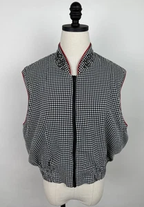 Vintage 90s Windbreaker Vest Womens Medium Black Gingham Plaid Full Zip Pockets - Picture 1 of 14