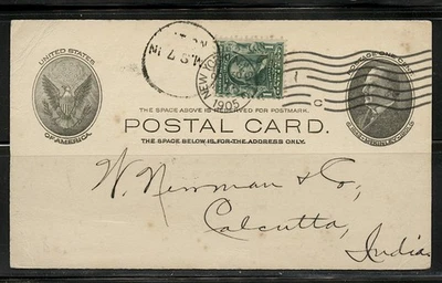 UPRATED POSTAL CARD UX18 w/AD SCIENTIFIC PUB. cds N.Y. 1905 FKS Sc 300 mld INDIA - Image 1 of 4