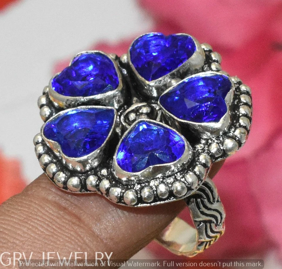 Anillo de piedras preciosas de cuarzo tanzanita estilo corazón talla US 8" U297-D101 Foto 1 de 1