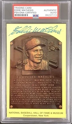 Eddie Mathews Signed Gold Plaque HOF Postcard Yellow Braves Autograph PSA/DNA - Image 1 of 2
