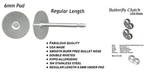 6mm Pad USA Surgical Stainless Steel Studs - Clutch Variations - Standard Length - Picture 1 of 35