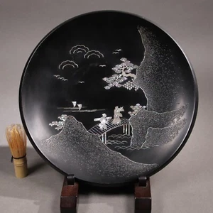 Antique Japanese Mother of Pearl Wooden Plate Mt&River Late Edo Era 19th C - Picture 1 of 17