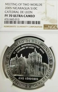 2005 NICARAGUA S10C CATHEDRAL DE LEON NGC PF 70 ULTRA CAMEO PERFECTION FINEST - Picture 1 of 3