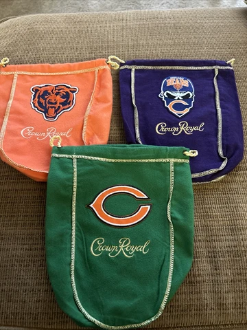 NFL Chicago Bears 3 Bag Set Of Logo’d CROWN ROYAL BAG  1 Liter 9X7 Cover